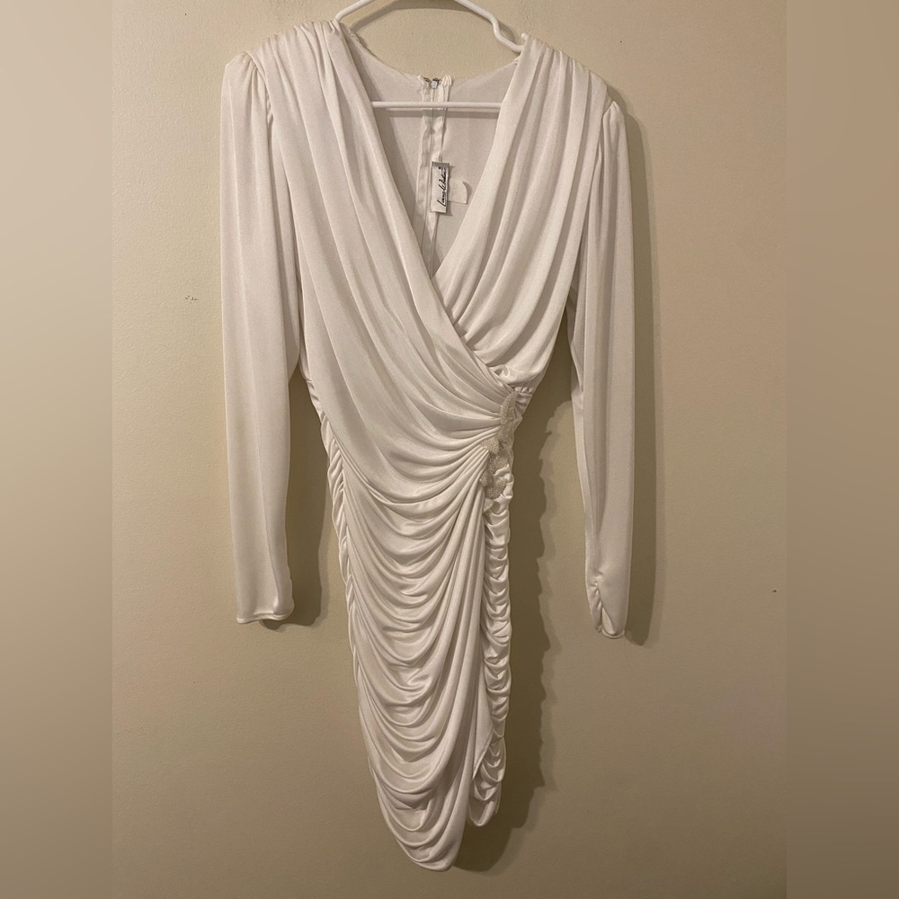 VTG‎ 1980s Ruched Ivory Laura Winston Embellished Midi Dress Juniors Size 9-10